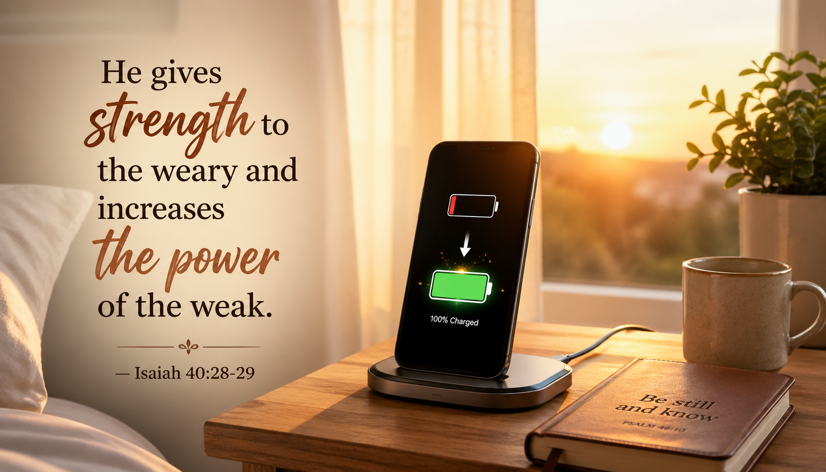 Bible verse wallpaper Isaiah 40:28-29 with phone charging on bedside table at dawn showing battery going from empty to full